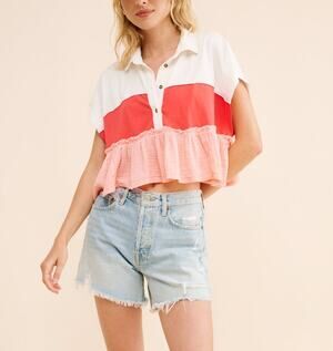 Pilcro Anthropologie Bonfire Rugby Collared Short Sleeve Peplum Top White XS